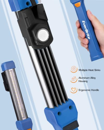 EverBrite 1000LM Magnetic Work Light, Rechargeable LED Mechanic Light with Dual Magnetic Bases & 360° Hanging Hooks, 4 Modes Under Hood Work Light for Car Repair, Garage, Emergency, 1 Pack Blue - color: Blue
