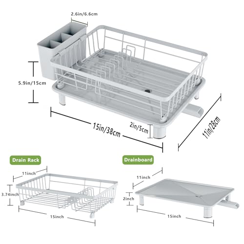 Dish Drainer Rack with Drip Tray, Sink Dish Drainer with Drainage Spout, Stainless Steel Dish Drying Rack with Cups, Utensil & Cutting Board Holders for Kitchen Counter Space-Saving, Grey - color: Gray