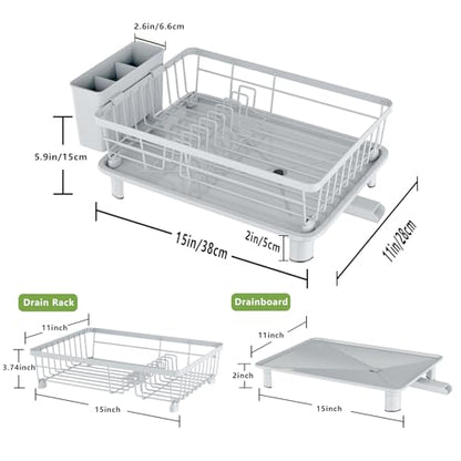 Dish Drainer Rack with Drip Tray, Sink Dish Drainer with Drainage Spout, Stainless Steel Dish Drying Rack with Cups, Utensil & Cutting Board Holders for Kitchen Counter Space-Saving, Grey - color: Gray