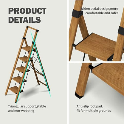 5 Step Step Ladder,Lightweight Folding Step Stool with Anti-Slip Aluminum Wide Pedal&Convenient Handgrip,Steel Ladder for Household and Office(Woodgrain) - color: Woodgrain, size: 5 Step