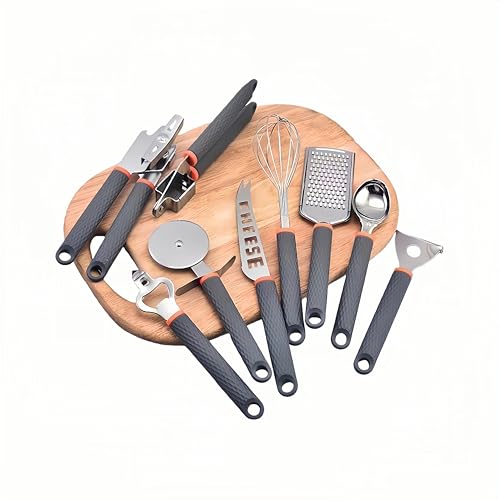 9-in-1 Kitchen Gadgets Set: Whisk, Grater, Ice Cream Spoon, Bottle Opener, Peeler, Cheese Knife, Pizza Cutter, Garlic Press & Can Opener - Space Saving Utensil Organizer for Small Kitchen
