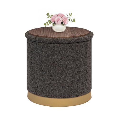 B FSOBEIIALEO Ottoman with Stroage, Round Boucle Storage Ottoman with Gold Plating Base,Foot Rest Stool for Dorm Room, Living Room Dark Grey, 16.73"x16.73"x17.72" - color: Dark Grey, size: 16.73x16.73x17.72 inches