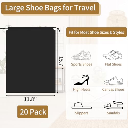 COIDEA 20 Pack Black Shoe Bags for Travel, 15.7" x 11.8", Waterproof Portable Drawstring Travel Shoe Storage Bags - color: Black
