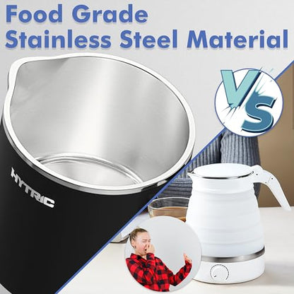 HYTRIC Travel Electric Kettle, 650ML Foldable Small Electric Kettle, Stainless Steel Portable Kettle with Dual Power Control, Collapsible Small Kettle Electric, Auto Shutoff & Boil Dry Protection