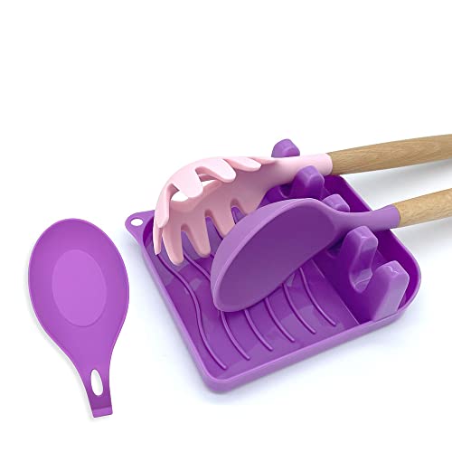 2 Pack Multiple Utensil Spoon Rest with Drip Pad Non-Slip Heat Resistant Kitchen and Grill Spoon Holder for Spatula, Ladle, Tongs, Kitchen Gadgets, and Cooking Accessories (Noble Purple) - color: Noble Purple