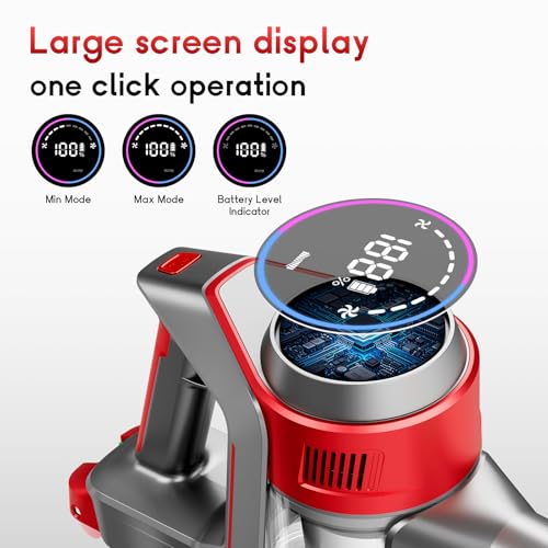 BSNAW Cordless Stick Vacuum Cleaner - Rechargeable, 35Kpa Powerful Vacuums with Detachable Battery, LED Display, 45Mins Runtime, 8 in 1 Handheld Vacuum for Hardfloor & Carpets Pet Hair, Red
