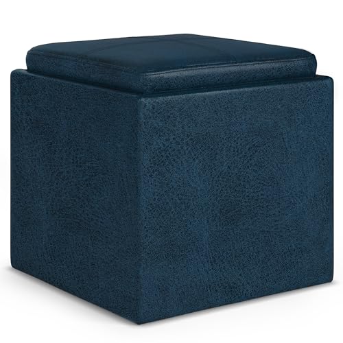 SIMPLIHOME Rockwood Cube Storage Ottoman with Tray - 17" Wide x 17" High Upholstered Vegan Leather Square Storage Ottoman in Distressed Dark Blue, Contemporary Cube Ottoman with Serving Tray - color: Distressed Dark Blue