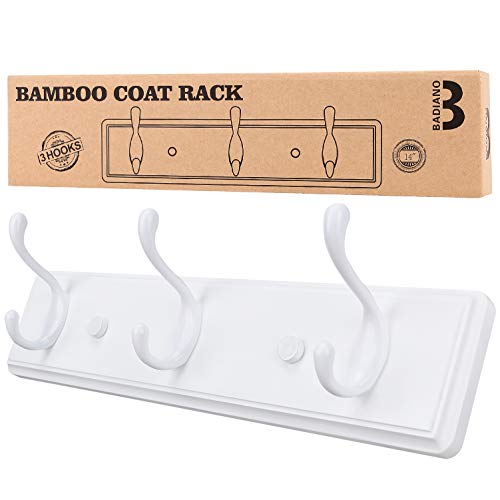 Badiano Wooden Coat Rack, Wall-Mounted Organizer for Closet, Entryway, Hallway, Foyer, Bedroom, Heavy Duty Double Hooks for Hanging Towels, Bags, Hats, Jackets, Key (White, 3 Hooks) - color: White, size: 3 Hooks