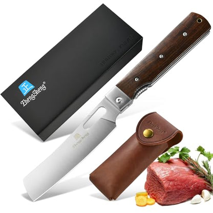 ZhengSheng Folding Chef Knife with Leather Pouch 4.8" Sharp 440A Stainless Steel Blade Wooden Handle Pocket Foldable Japanese Style Kitchen Knife for Outdoor Camping Cooking. - color: #5 Natural wooden Handle - Leather Pouch
