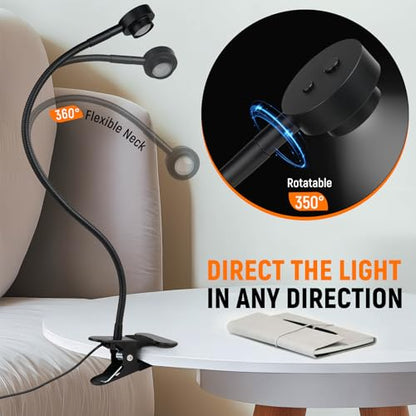 Flexible Clip On Light Bedside, Reading Lights for Books in Bed,3 Color Dimmable Bed Lamps for Headboard, Bendable All Metal Head Switch CRI 95 LED, Adapter Included - color: Clip On Base