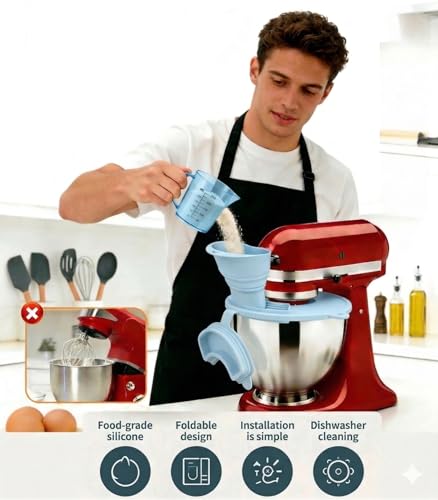 3-Piece Set: Silicone Flour Funnel & Bowl Cover for KitchenAid Mixer 4.5-5 Qt Tilt-Head, Splash Guard Lid with Foldable Measuring Cup for Dough Proofing & Mixing, KitchenAid Mixer Accessori（Blue) - color: Blue