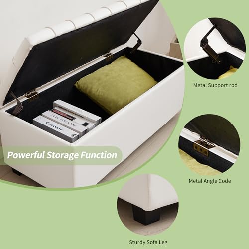 38-inch White Faux Leather Storage Ottoman Bench with Seat and Footrest Function - for Bedroom, Living Room & Entryway - color: White