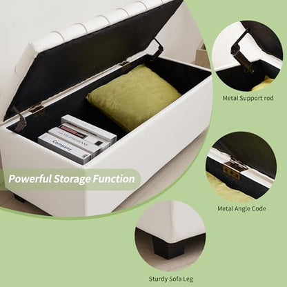 38-inch White Faux Leather Storage Ottoman Bench with Seat and Footrest Function - for Bedroom, Living Room & Entryway - color: White
