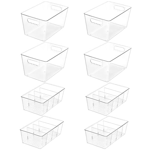 Vtopmart 8 Pack Clear Plastic Storage Bins Set, 4 Large Pantry Organizer Bins with Handle and 4 Medium Snack Organizer Bins with 4-Compartment for Pantry, Kitchen, Fridge, Cabinet Organization - size: 4 Large + 4 Medium