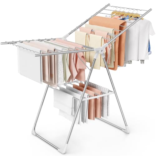 Sakugi Clothes Drying Rack with Height-Adjustable Wings, Metal Foldable Laundry Dryer Stand for Clothing & Bedding, Free-Standing Collapsible for Indoor & Outdoor Use, 55.5" L × 22.8" W, Silver White - color: Silver & White, size: Large (55.5"L x 22.8"W x