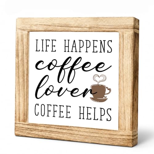 Coffees Wood Sign Life Happens Coffee Helps Wooden Decor Sign for Cafe Bar Inspirational Coffees Decor To Kitchen Home Office Ideal Gift For Coffee Lover Handmade Wood Plaque 5.9x5.9 Inch - color: Coffee 15
