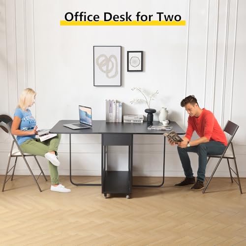 Folding Dining Room Table with Two Drawers for 4/6 with Space Saving Drop Leaf Table,Lockable Wheels & Storage, Heavy Duty Plywood Top 300lb, Convertible Desk for Apartments/RV/Home Office - color: Black-1