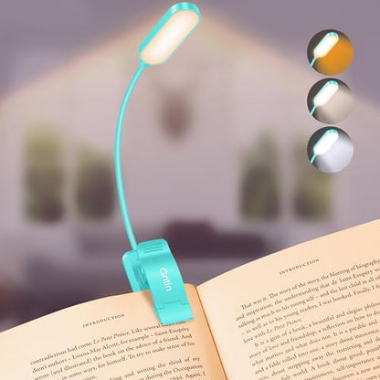 Gritin 16 LED Rechargeable Book Light for Reading in Bed- Eye Caring 3 Color Temperatures, Stepless Dimming Brightness, 80 Hrs Runtime, Lightweight Flexible Clip on Light for Book Lovers-Blue | Eye Caring 3 Color Temperatures, Stepless Dimming Brightness,