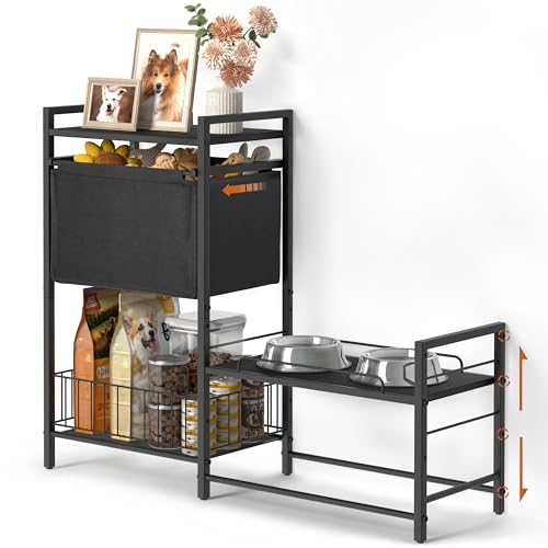 Lomivra Elevated Dog Bowls, Raised Dog Bowl Stand with Dog Toy Bin Basket Dog Food and Water Bowl Feeding Station, Lifted Dog Bowl Holder Cabinet with Pet Storage Organizer for Large Medium Small Dogs - color: Black, size: 2"-13.6"H/ 18.9"Dx9.45"W