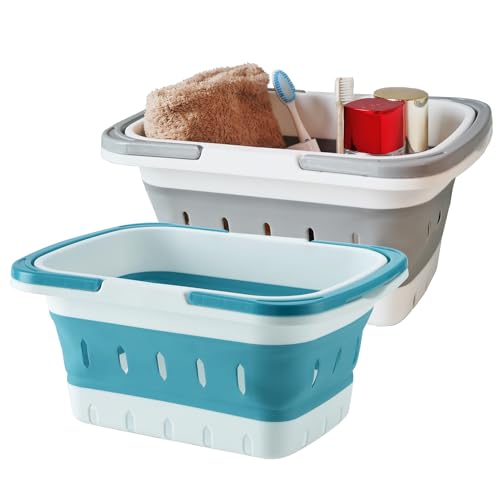 Portable Folding Plastic Bath Shower Caddy with Handle 2 Pack, Perforated, Collapse Travel Bathroom Organizer for Bedroom, College, Shower, Dorm Room, Camping and RV Use (Grey/Blue, 2 pack) - color: Grey/Blue, size: 2 pack