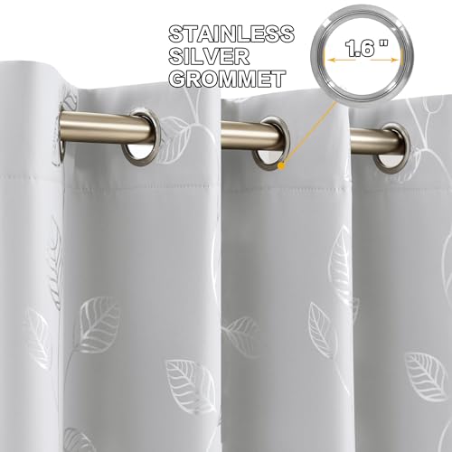 BUHUA White Black Out Curtains 108 Inch Long 2 Panels, Soundproof Curtains with Elegant Silver Leaf Print, Heat Blocking Curtains for Livingroom, 52W x 108L, Greyish White - color: Silver Leaf /Greyish White, size: 52"W x 108"L (Pack of 2)