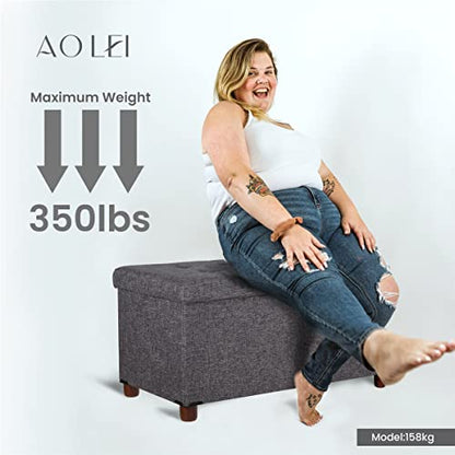 30 Inches Storage Ottoman Bench, Rect Grey, Modern, Classic Style, Linen Fabric, Walnut Wood Legs - color: Rect Grey