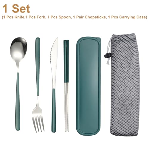 uxcell Travel Utensils with Case Stainless Steel Portable Silverware, Dark Green/Silver - color: Dark Green/Silver