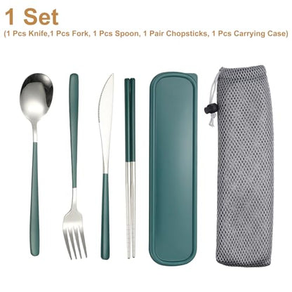 uxcell Travel Utensils with Case Stainless Steel Portable Silverware, Dark Green/Silver - color: Dark Green/Silver