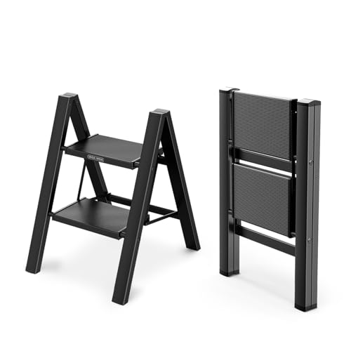 WOA WOA Step Ladder, Folding Step Stool with Widening Pedals, Portable Lightweight Home Ladder, Kitchen Stepladder, Easy to Store, Space Save 300 lbs Capacity (2 Step, Black) - color: Black, size: 2 Step