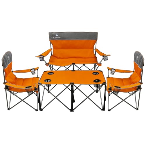 Camping Chair Set of 3, Outdoor Folding Camping Chairs for Heavy People with Cup Holder & Carry Bag,Collapsible Chair Include One Sofa Chair and Two Single Chair,Support up to 500lbs - color: Orange-4pcs