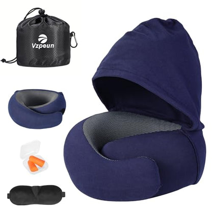 Travel Pillow - Hooded Neck Pillow Airplane Memory Foam Filling for Plane, Office, Cars Sleeping, Road Trip, Long Flights, Airplane Travel Essentials, Includes Eye Mask & Earplugs (Navy) - color: Navy