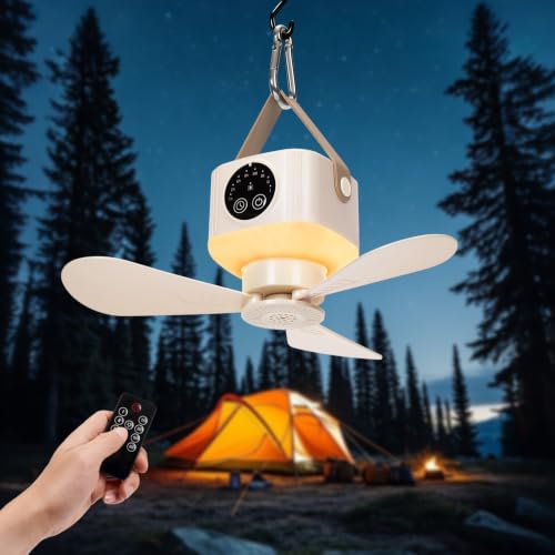 Portable Ceiling Fan with Lights Remote,USB Rechargeable Camping Fan,9.25" Wireless Tent Fan with 4 Speeds,Timer,Battery-Powered Ceiling Fan for RV,Truck,Rooftop Tent,Travel,Camping (Lvory) - color: Lvory