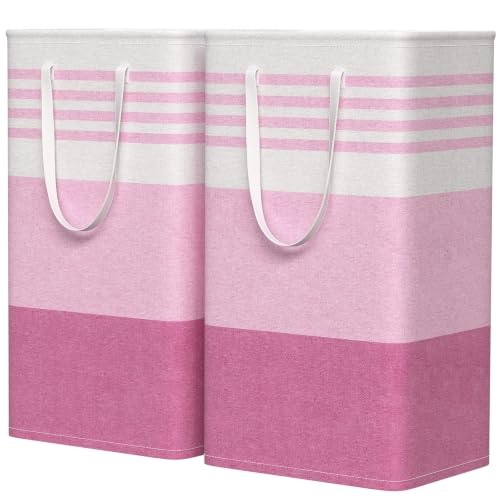 WOWBOX 2 Pack Laundry Baskets, Laundry Hampers, Freestanding Dirty Clothes Hampers with Reinforced Handles & Cross Stitch & Waterproof Coating, for Laundry Bedroom Bathroom Dorm,88L Pink - color: Pink, size: 88L