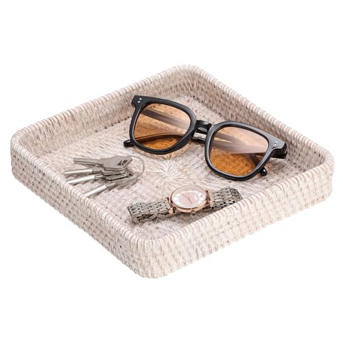 Hipiwe Key Basket for Entryway Table Handwoven Wicker Fruit Tray for Organizing Decor Rattan Serving Tray for Kitchen Living Room Bathroom, Whitewash - color: Whitewash, size: 8.1" x 8.1" x 1.4"