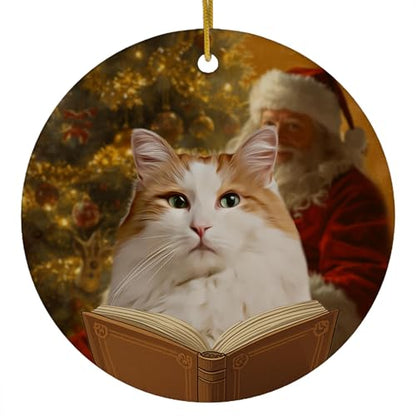 Festive White Red Turkish Van Cat Christmas Ornament 2026 Pet Santa Reading Book Circle Ceramic Holiday Tree Decor Hanging Keepsake Gifts for Turkish Van Cat Lovers