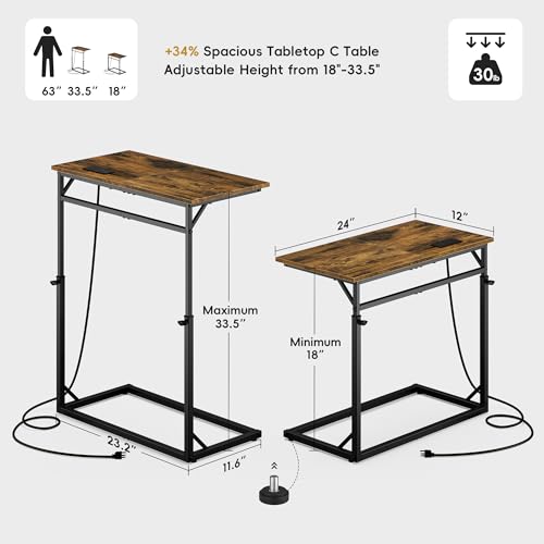 Vagusicc C Shaped End Table with Charging Station, Large C-Table End Table Adjustable Height Side Table for Couch, Couch Table Slide Under Sofa Table TV Tray Table for Sofa, Living Room, Bedroom,Brown - color: Rustic Brown, style: With Plug