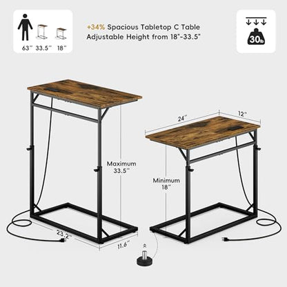 Vagusicc C Shaped End Table with Charging Station, Large C-Table End Table Adjustable Height Side Table for Couch, Couch Table Slide Under Sofa Table TV Tray Table for Sofa, Living Room, Bedroom,Brown - color: Rustic Brown, style: With Plug
