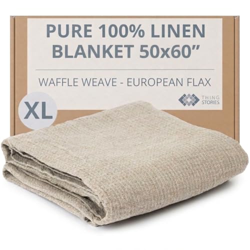 Pure 100% Flax Linen Blanket – 50x60-inch Linen Throw Blanket Waffle Weave – Breathable Cooling Blanket – Versatile Beach Blanket – Pre-Washed Lightweight European Flax - color: Natural Linen, size: Throw Blanket