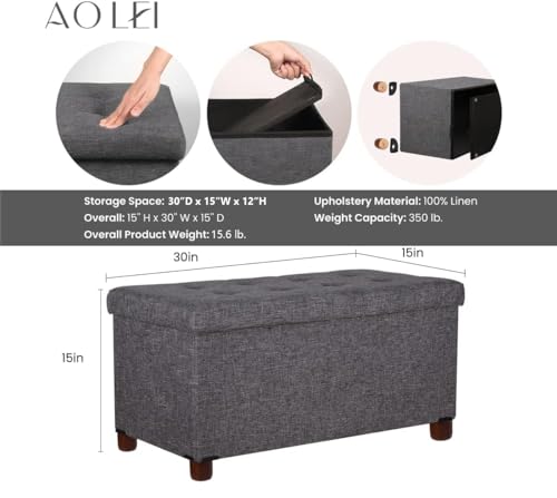30 Inches Storage Ottoman Bench, Rect Grey, Modern, Classic Style, Linen Fabric, Walnut Wood Legs - color: Rect Grey
