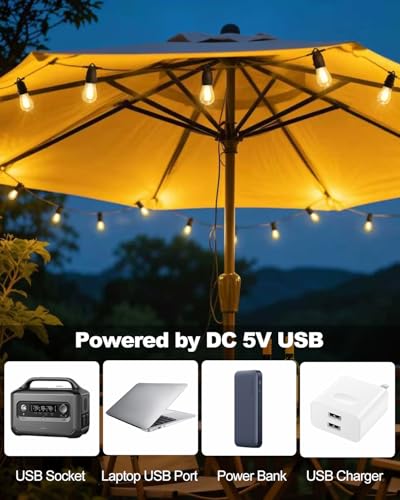 BRIMAX 24.6Ft USB Powered String Lights,10 LED Bulbs Waterproof & Shatterproof Outdoor Camping String Light Dimmable Brightness with Swith for Tents,Patio,Backyard and Holidays,2700K Warm White - style: USB 24FT 10 lights
