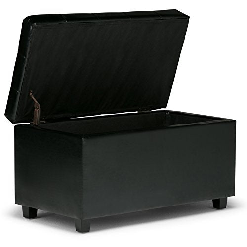 SIMPLIHOME Cosmopolitan Storage Ottoman - 34 inch Wide Upholstered Vegan Leather Rectangle Storage Ottoman Bench in Midnight Black, Transitional Tufted Ottoman for Living Room with Lift-Up Lid - color: Midnight Black