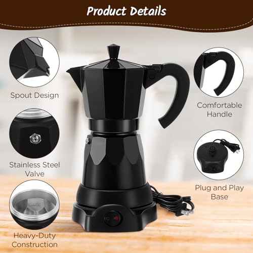 Coffee Pot 6 Cup Electric Espresso Coffee Maker Italian Moka Maker 300ml Portable Aluminum Espresso Machine Cafetera Moka Pot with Detachable Base, Gift for Home Travel(Black) - color: Black