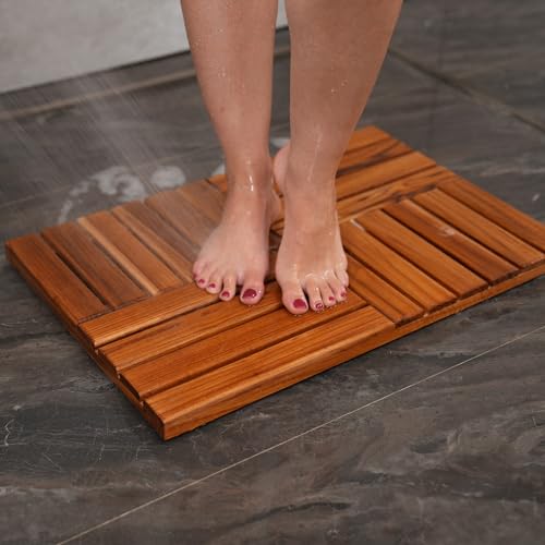 Utoplike Teak Wood Bath Mat, Wooden Shower Mat for Bathroom, 24 x 16 inch Non Slip Wood Floor Sturdy Mat for Inside Shower Luxury Spa Home or Outdoor - size: 24" x 16" (Rectangular)