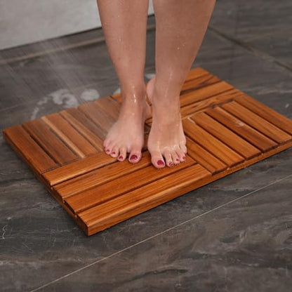 Utoplike Teak Wood Bath Mat, Wooden Shower Mat for Bathroom, 24 x 16 inch Non Slip Wood Floor Sturdy Mat for Inside Shower Luxury Spa Home or Outdoor - size: 24" x 16" (Rectangular)