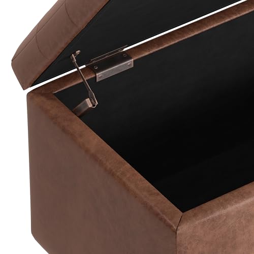 SIMPLIHOME Cosmopolitan Storage Ottoman - 34 inch Wide Upholstered Vegan Leather Rectangle Storage Ottoman Bench in Distressed Saddle Brown, Transitional Tufted Ottoman for Entryway with Lift-Up Lid - color: Distressed Saddle Brown