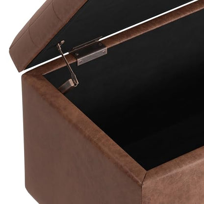 SIMPLIHOME Cosmopolitan Storage Ottoman - 34 inch Wide Upholstered Vegan Leather Rectangle Storage Ottoman Bench in Distressed Saddle Brown, Transitional Tufted Ottoman for Entryway with Lift-Up Lid - color: Distressed Saddle Brown