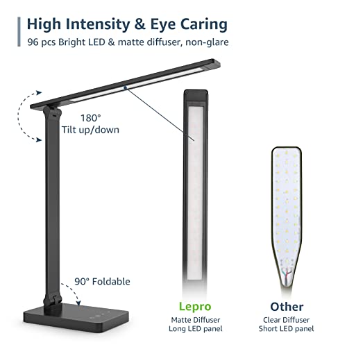 Lepro LED Desk Lamp with USB Charging Port,650LM Dimmable Home Office Touch Control Reading Table Lamp,5 Color Modes with 5 Brightness,College Dorm Room Essentials, Eye Caring, Sewing, Crafting, Black - color: Black