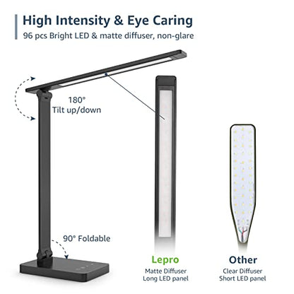 Lepro LED Desk Lamp with USB Charging Port,650LM Dimmable Home Office Touch Control Reading Table Lamp,5 Color Modes with 5 Brightness,College Dorm Room Essentials, Eye Caring, Sewing, Crafting, Black - color: Black