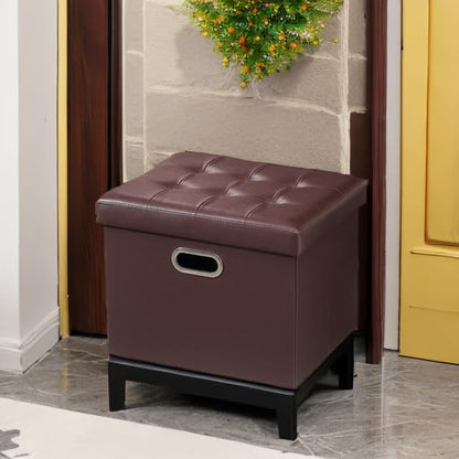 Bsketa Storage Ottoman Foot Rest Stool, Small Leather Storage Ottomans Bench, Folding Foot Stool with Handles Lid, Foot Rest Under Desk for Living Room Bedroom, 17x13x13 in, Brown - color: Brown-1 Pack