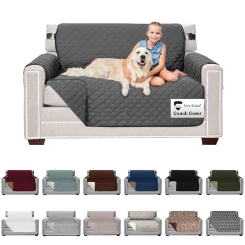Sofa Shield® Couch Loveseat Covers for Dogs, Reversible Furniture Protector with Strap, Stain and Tear Resistant Cushion Cover, 54 inch Seat, Machine Washable Slipcover Pets, Cats, Charcoal - color: Charcoal/Charcoal, size: Loveseat